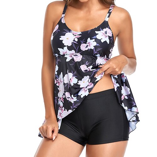 

Women's Swimwear Tankini 2 Piece Plus Size Swimsuit Floral Leaf Green Blue White Black Rosy Pink Padded Scoop Neck Bathing Suits New Vacation Fashion / Cute / Strap / Padded Bras / Strap
