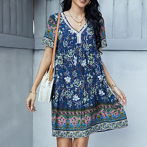 

Women's Shift Dress Short Mini Dress Green Orange Navy Blue Yellow Short Sleeve Floral Print Spring Summer V Neck Elegant Casual Vacation Loose 2022 S M L XL