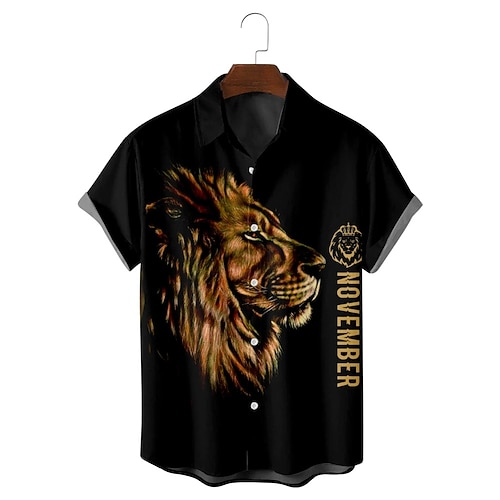 

Men's Shirt 3D Print Lion Turndown Casual Daily Short Sleeve Tops Casual Hawaiian Black