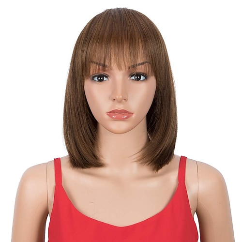 

Human Hair Wig Short Natural Straight Neat Bang Light Brown Classic Adorable Best Quality Capless Brazilian Hair Unisex Medium Brown#4 12 inch Party / Evening Daily Wear Vacation