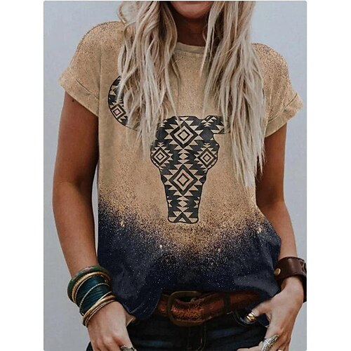 

Women's T shirt Tee Graphic Patterned Casual Daily T shirt Tee Short Sleeve Round Neck Basic Essential Ethnic Vintage khaki S / 3D Print