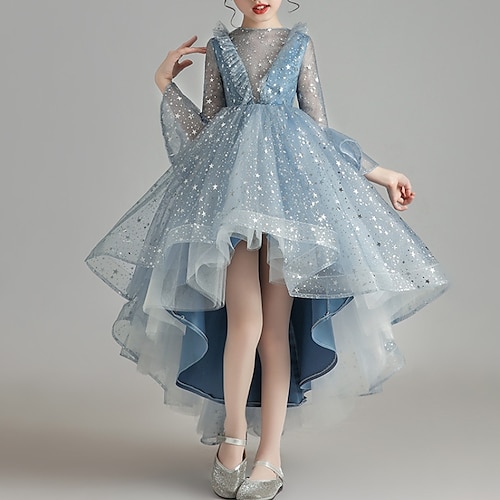 

Kids Girls' Dress Sequin A Line Dress Asymmetrical Dress Party Mesh Cotton 3/4 Length Sleeve Cute Dress 3-12 Years Spring Light Blue
