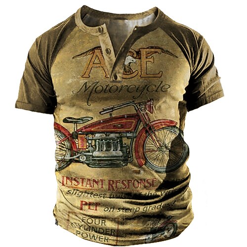 

Men's Henley Shirt Tee T shirt 3D Print Graphic Motorcycle Plus Size Henley Daily Sports Button-Down Print Short Sleeve Tops Basic Casual Classic Designer Brown / Summer