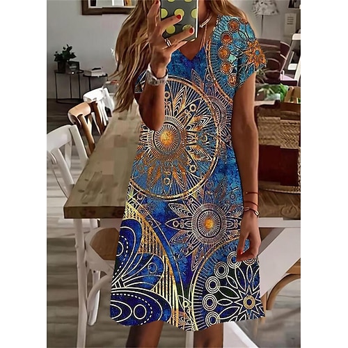 

Femme Robe casual Manche Courte Printemps Eté Imprimer Floral Col V Ample 2022 Boom Vente Robe Bleu S M L XL XXL 3XL