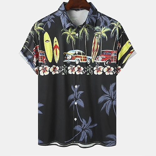 

Men's Shirt Print Car Turndown Casual Daily Button-Down Print Short Sleeve Tops Casual Fashion Blue Navy Blue
