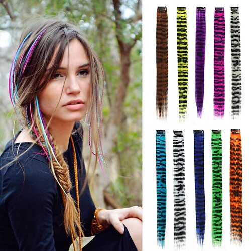 

5pcs/set Feather Hair Extension Fake Hair Clip In One Piece Rainbow Synthetic Hair 18inch Hairpiece For Women Girls