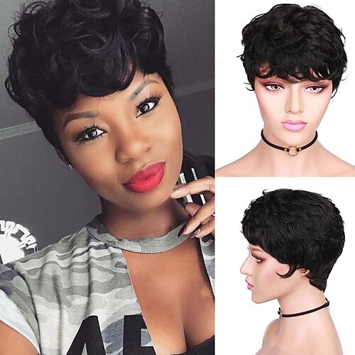 

Short Human Hair Wig with Bang Full Machine Made For Black Women Natural Wave Pixie Cut Capless Wig None Lace Wig Natural Black #1B