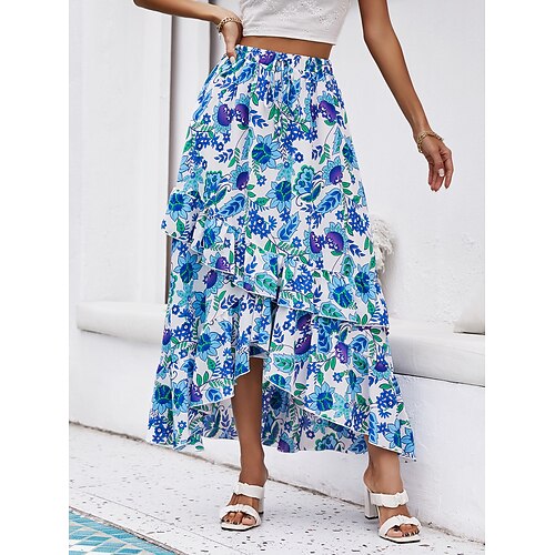 

Women's Fashion Boho Ankle-Length Skirts Holiday Vacation Floral / Botanical Ruffle Blue S M L