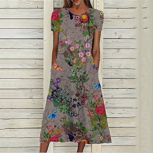 

Women's A Line Dress Midi Dress Gray Short Sleeve Floral Pocket Print Spring Summer Round Neck Stylish Casual Modern 2022 S M L XL XXL 3XL