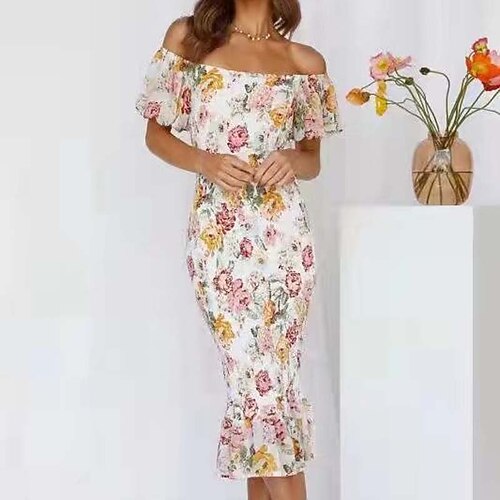 

Women's Sheath Dress Midi Dress White Short Sleeve Floral Print Backless Ruched Print Spring Summer cold shoulder Casual Vacation 2022 S M L