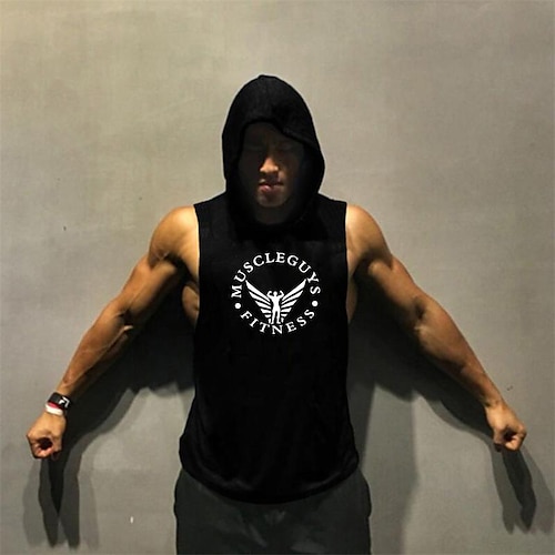

summer european and american foreign trade bodybuilding fitness vest hooded sports vest loose hurdle training sleeveless top men