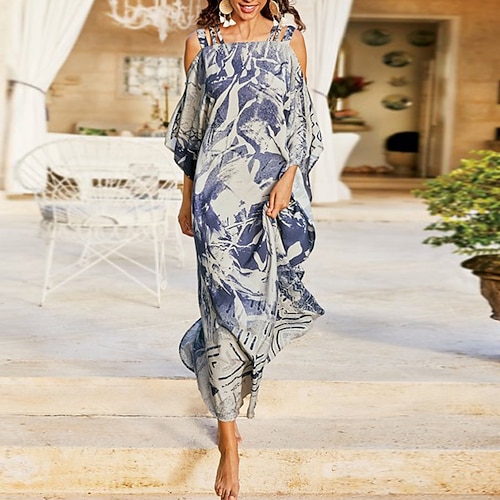 

Women's Strap Dress Maxi long Dress Blue Long Sleeve Print Cold Shoulder Print Spring Summer Spaghetti Strap Elegant 2022 S M L XL