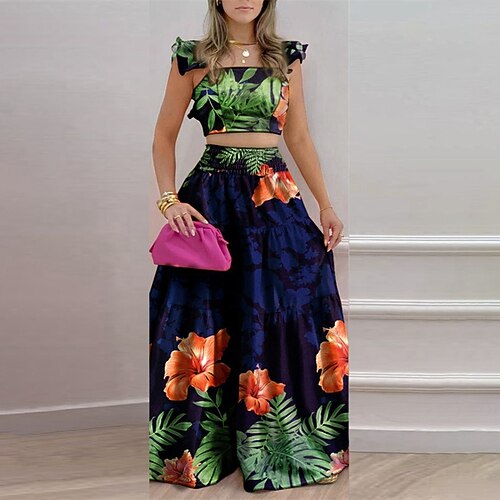 

Women's Swing Dress Maxi long Dress Blue White Black Orange Red Sleeveless Floral Color Gradient Patchwork Print Spring Summer Square Neck Stylish Casual 2022 S M L XL