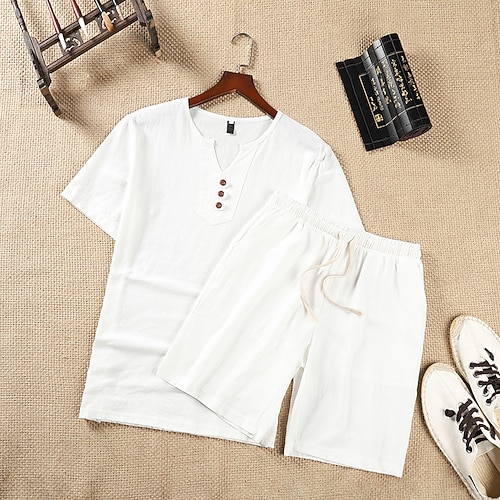 

Men's Shirt Set Solid Colored V Neck Khaki Navy Blue Light Blue Gray White Outdoor Casual Short Sleeve Button-Down Clothing Apparel Cotton Fashion Streetwear Cool Casual / Summer / Spring / Summer