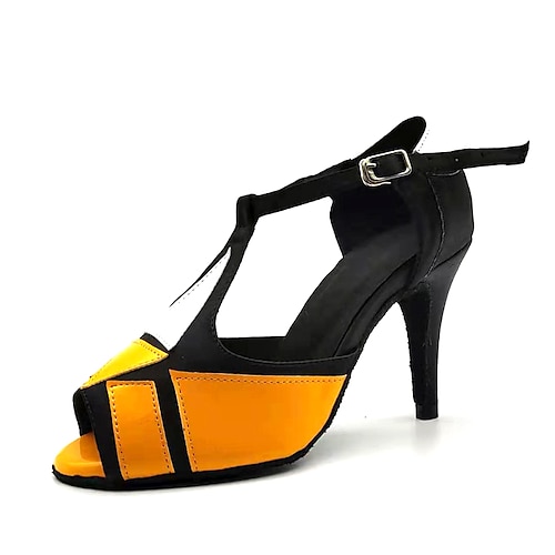 

Mulheres Sapatos de Dança Latina Sapatos de Dança Treino Profissional Dança de Salão Salto Recortes Salto Alto Peep Toe Estilo -T Adulto Preto / Laranja / Cetim