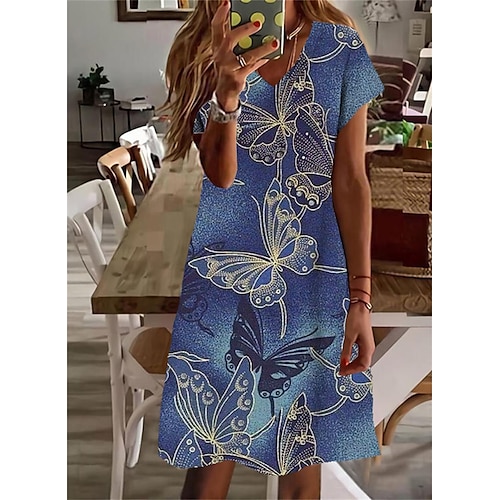 

Femme Robe casual Manche Courte Printemps Eté Imprimer Animal Papillon Col V Ample 2022 Boom Vente Robe Bleu S M L XL XXL 3XL