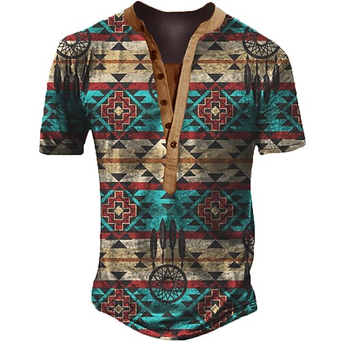 

Men's Henley Shirt T shirt 3D Print Graphic Geometry Crew Neck Street Casual Button-Down Print Short Sleeve Tops Basic Classic Comfortable Big and Tall Blue
