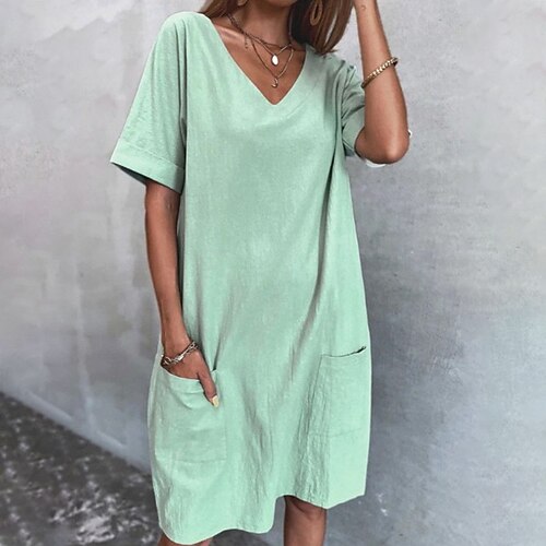 

Women's Casual Dress Shift Dress Light Green Short Sleeve Pure Color Pocket Spring Summer V Neck Weekend Loose Fit 2022 S M L XL XXL