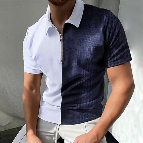 

Men's Collar Polo Shirt Golf Shirt Quarter Zip Polo Color Block Turndown Blue / White Casual Daily Short Sleeve Zipper Clothing Apparel Sports Fashion Casual Comfortable
