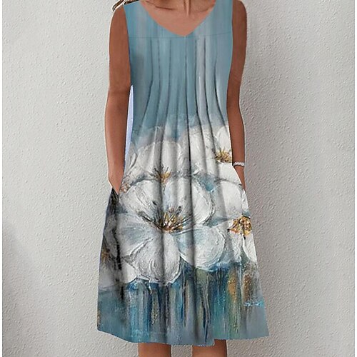 

Femme Robe casual Sans Manches Printemps Eté Imprimer Col V Ample 2022 Bleu M L XL XXL