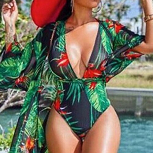 

Women's Swimwear One Piece Monokini Bathing Suits Plus Size Swimsuit Open Back Printing for Big Busts Leaves Green Plunge Bathing Suits Sexy Vacation Fashion / Modern / New / Padded Bras