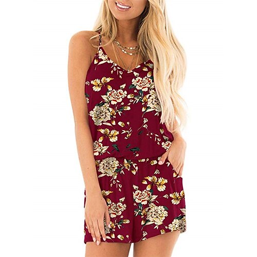 

Women's Romper Backless Pocket Floral Round Neck Casual Street Daily Regular Fit Sleeveless Wine Navy Blue Beige S M L Spring / Print