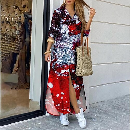 

Women's Shirt Dress Maxi long Dress Green Orange Red Navy Blue Long Sleeve Geometric Letter Print Spring Shirt Collar Casual 2022 S M L XL XXL