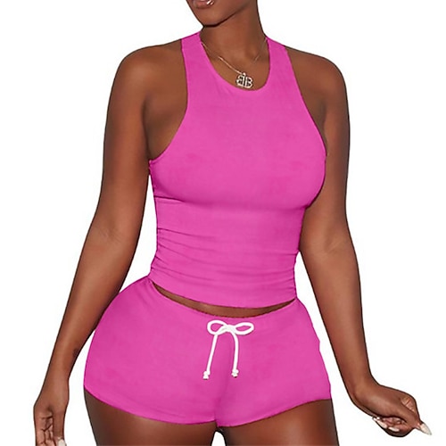 

Women's Loungewear Sets Nighty 2 Pieces Pure Color Sport Comfort Home Street Polyester Crew Neck Sleeveless Tank Top Shorts Spring Summer Blue Purple