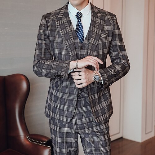 

Gray Men's Wedding Business / Ceremony / Wedding Suits 3 Piece Checkered Tailored Fit Single Breasted One-button 2022