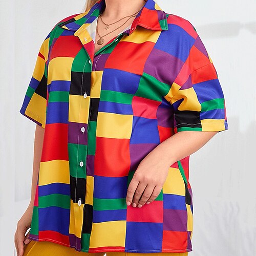 

Women's Plus Size Tops Blouse Shirt Plaid Button Print Short Sleeve Shirt Collar Streetwear Daily Going out Polyester Spring Summer Rainbow