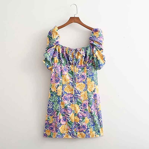 

Women's Floral Dress Short Mini Dress Rainbow Short Sleeve Floral Print Summer Square Neck Stylish Cap Sleeve 2022 S M L