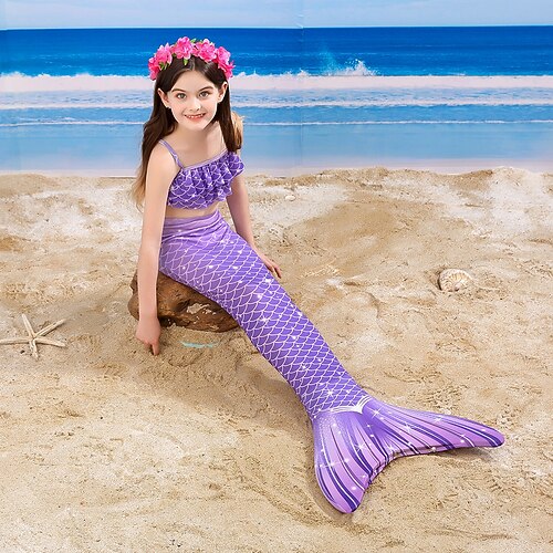 

Kids Girls' Two Piece Swimwear Beach Print Cute Ruffle Bathing Suits 3-10 Years Summer Purple