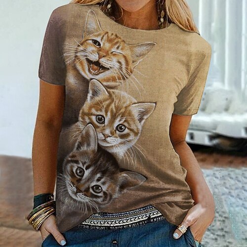 

Women's 3D Cat Painting T shirt Cat 3D Print Round Neck Basic Tops Khaki