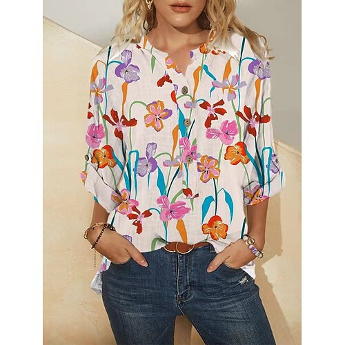 

Women's Shirt Flower Print Standing Collar Casual Tops White / 3D Print