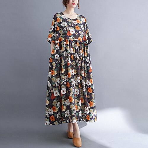 

Women's Shift Dress Maxi long Dress Green Purple Camel Brown Yellow Short Sleeve Print Print Summer Crew Neck Vintage Linen One-Size