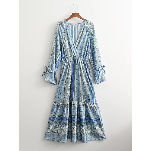 

Women's Floral Dress Maxi long Dress Blue 3/4 Length Sleeve Print Print Spring Summer V Neck Casual Vacation 2022 S M L