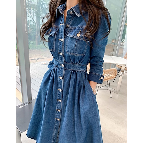 

Women's Denim Dress Swing Dress Midi Dress Blue Long Sleeve Pure Color Ruched Winter Fall Autumn Shirt Collar Winter Dress Weekend Fall Dress 2022 S M L XL