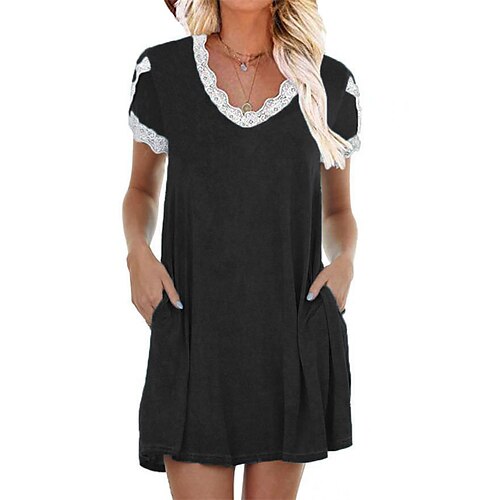 

Women's Shift Dress Short Mini Dress Black Gray Fuchsia Short Sleeve Pure Color Lace Pocket Spring Summer V Neck Casual 2022 S M L XL XXL 3XL 4XL 5XL