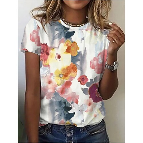 

Women's T shirt Floral Patchwork Print Round Neck Basic Tops White / 3D Print