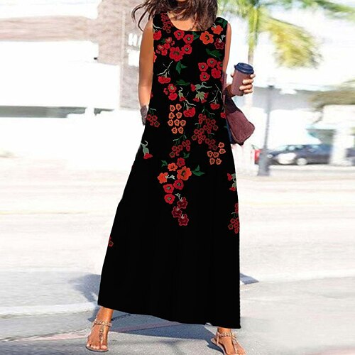 

Women's A Line Dress Maxi long Dress Black Sleeveless Floral Pocket Print Spring Summer Round Neck Stylish Casual Vacation 2022 S M L XL XXL 3XL