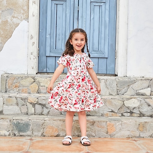 

Bambino (1-4 anni) Da ragazza Vestito Floreale Medio Vestito Esterno Con balze Girocollo Manica corta Festività Vestito 3-7 anni Estate Rosso