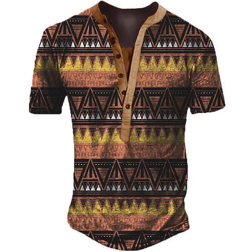 

Men's Henley Shirt T shirt 3D Print Graphic Geometry Henley Street Casual Button-Down Print Short Sleeve Tops Basic Classic Comfortable Big and Tall Brown