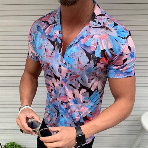 

Men's Shirt 3D Print Floral Graphic Turndown Street Casual Button-Down Print Short Sleeve Tops Casual Fashion Designer Breathable Green Blue Pink