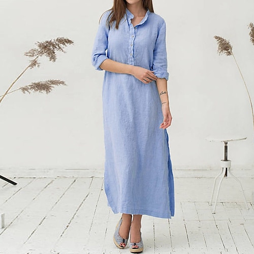 

Women's Casual Dress Linen Dress Long Dress Maxi Dress Blue Long Sleeve Pure Color Button Winter Fall Autumn Stand Collar Winter Dress Fall Dress Loose Fit Linen M L XL XXL 3XL