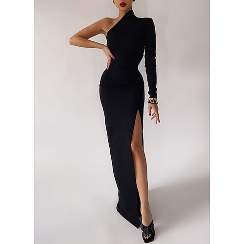 

Mermaid / Trumpet Minimalist Sexy Wedding Guest Formal Evening Dress One Shoulder Long Sleeve Sweep / Brush Train Stretch Fabric with Slit Pure Color 2022