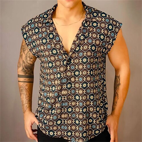 

Men's Shirt 3D Print Argyle Turndown Street Casual Button-Down Sleeveless Tops Casual Fashion Breathable Comfortable Brown