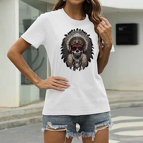 

Women's T shirt Graphic Skull Print Round Neck Basic Tops Green Blue White