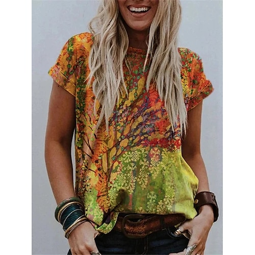 

Women's Floral Theme T shirt Floral Graphic Flower Print Round Neck Basic Tops Rainbow Red Yellow / 3D Print