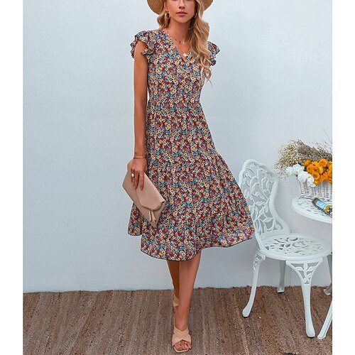 

Women's A Line Dress Knee Length Dress Blue Wine Orange Sleeveless Floral Print Spring Summer U Neck Party Work Romantic 2022 S M L XL