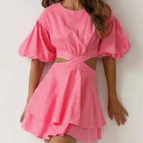 

Women's Sheath Dress Short Mini Dress Pink Short Sleeve Solid Color Backless Ruched Zipper Spring Summer Round Neck Casual Vacation Puff Sleeve 2022 S M L